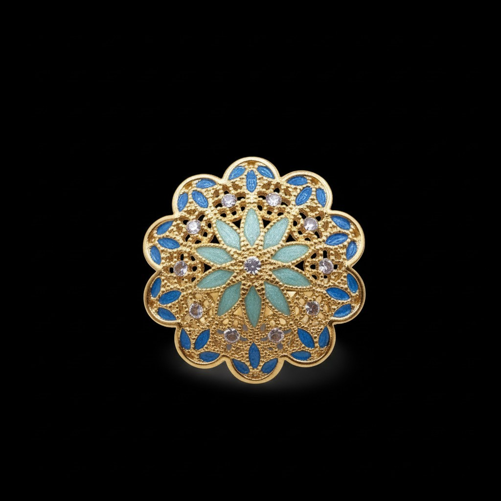 Anello Fiore Turchese in Filigrana Pregiata, Argento 925 e Bagno in Oro 18k