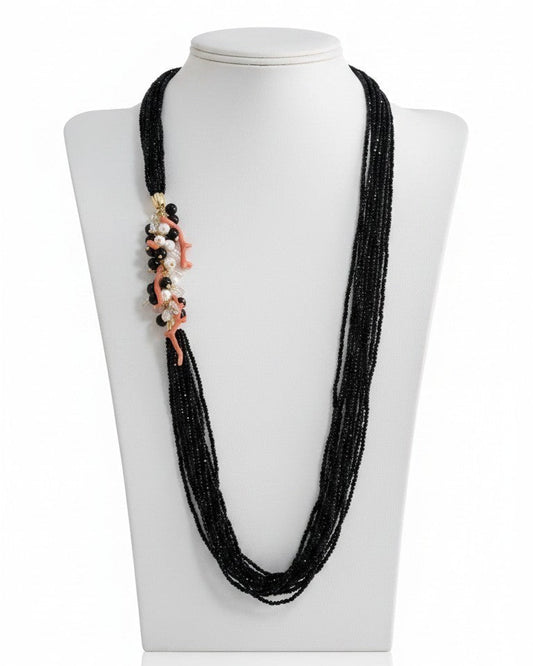 Long Necklace with Multicolor Sapphire Stones, S925 Silver and Gold