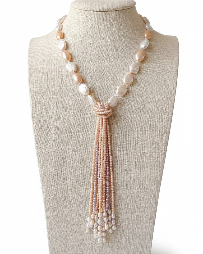 Collana Cravatta con Perle di fiume ed acqua dolce, Argento s925