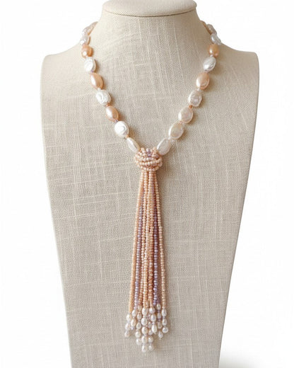 Collana Cravatta con Perle di fiume ed acqua dolce, Argento s925