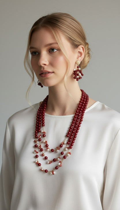SET Collana Maxi + Orecchini con Pietre di Rubino Grezzo, Perle e Corallo rosso