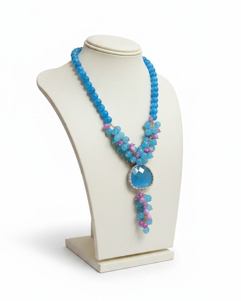 Long Necklace with Multicolor Sapphire Stones, S925 Silver and Gold