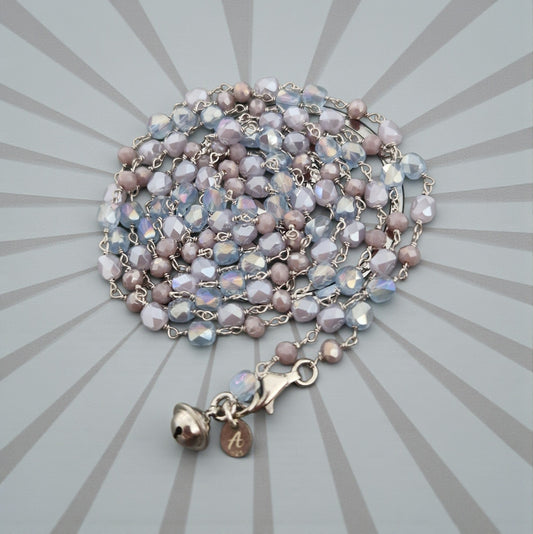Collana Lunga Brillante Celeste Carta da Zucchero e Rosa Cipria, in Argento s925