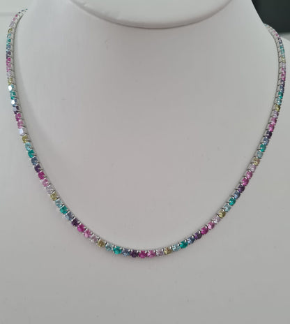 Collana Tennis Multicolor Paraiba, 3mm, Argento 925 NUOVA PRODUZIONE