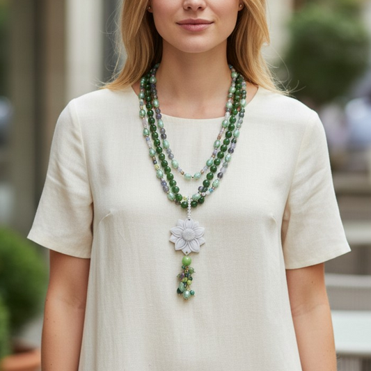 Collana ad Y Con Calcedonio, quarzi e grnade Fiore in Pasta di Conchiglia