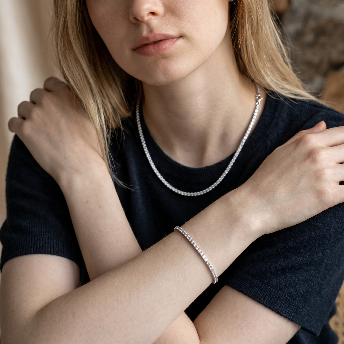 SET Collana Girocollo + Bracciale Tennis, 2 mm Bianco, Argento 925