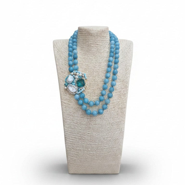 Collana 2 fili di Perle di Pasta di Turchese, con Ciondolo Pregiato in Pietra
