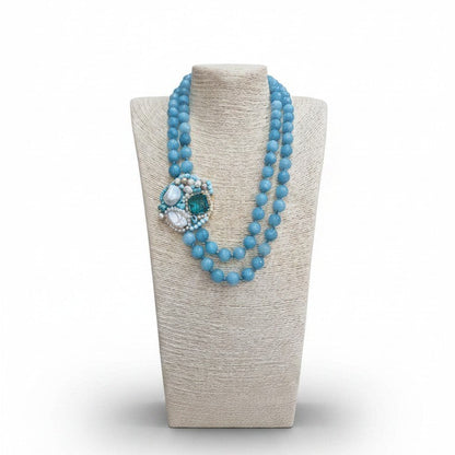 Collana 2 fili di Perle di Pasta di Turchese, con Ciondolo Pregiato in Pietra