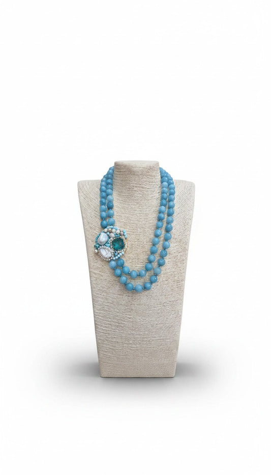 Collana 2 fili di Perle di Pasta di Turchese, con Ciondolo Pregiato in Pietra
