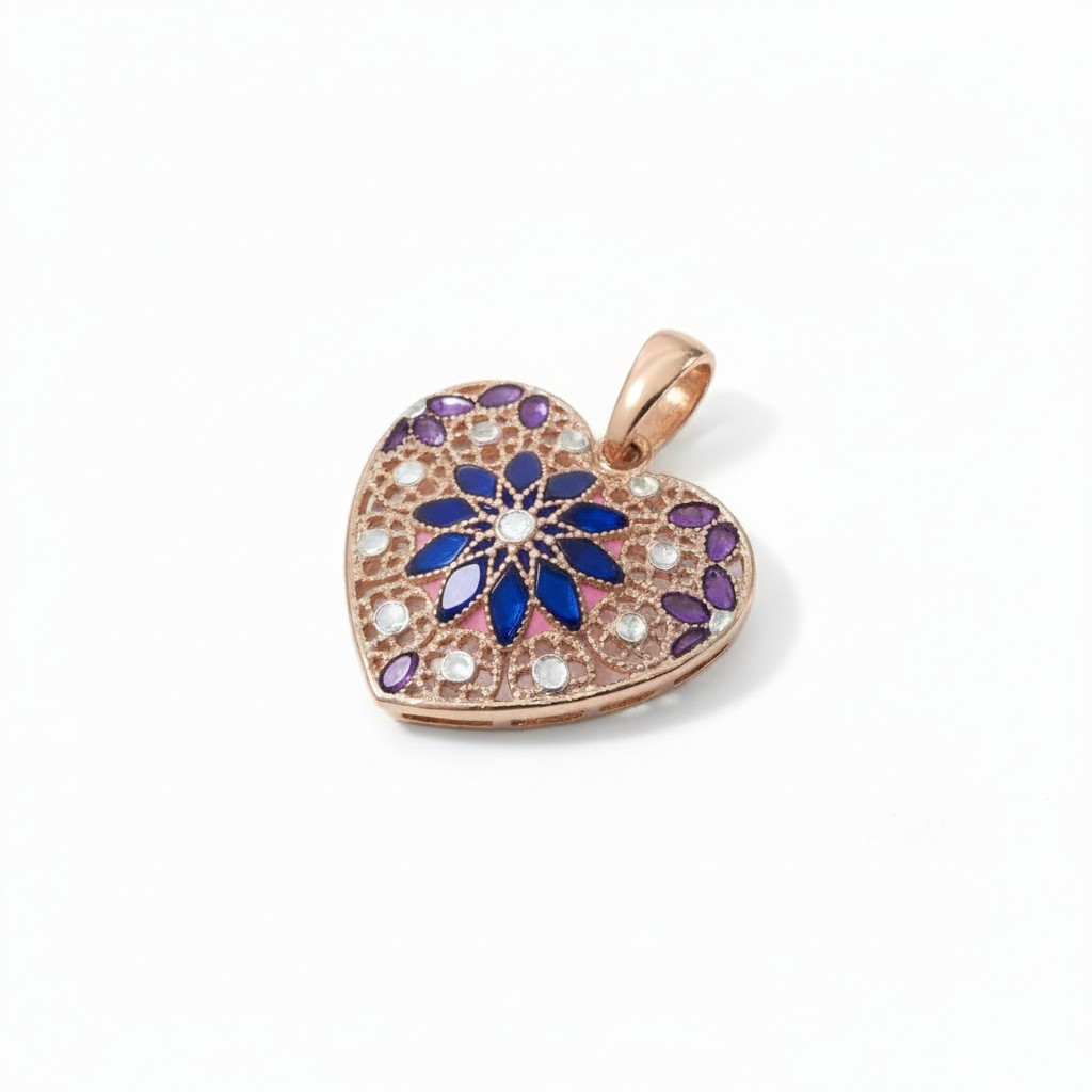 Ciondolo Cuore Rosone Blu in Filigrana Preziosa, Argento s925 rosè