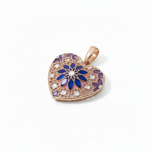 Ciondolo Cuore Rosone Blu in Filigrana Preziosa, Argento s925 rosè