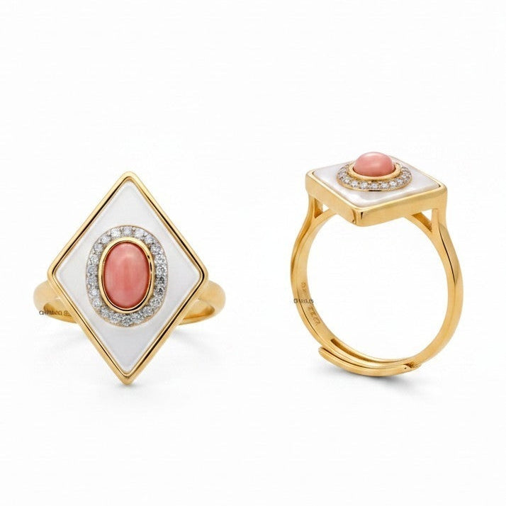 Anello Modello SIBILLA con Madreperla e QUARZO ROSA, in ACCIAIO inox
